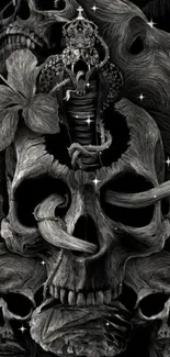 Intricate dark skull art on a black background wallpaper.