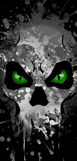 Artistic skull with green eyes on dark background.