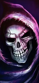 Hooded skull with a neon purple glow on a dark background.