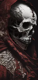 Dark red cloaked skull with intricate armor details.