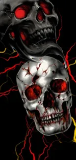 Dark skull wallpaper with red eyes and electric yellow lightning.