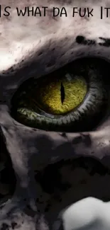 Dark skull with glowing yellow eye wallpaper.