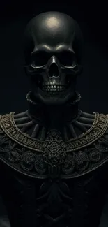 Dark skull with intricate gothic design on a black background.