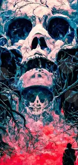 Haunting fantasy skull art with vibrant colors and dark blue hues.