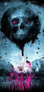 Eerie skull art with pink accents in a dark fantasy scene.