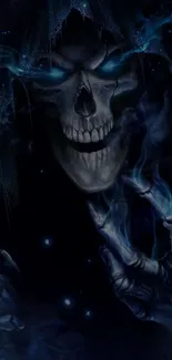 Dark skull fantasy wallpaper with blue glow and eerie design.