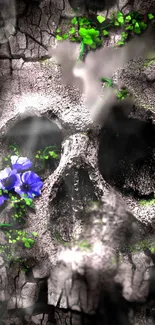 Cracked skull with flowers and moss wallpaper design.