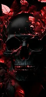 Dark skull with red floral design mobile wallpaper.