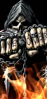 Dark hooded skull with chains and 'Game Over' text on fingers.