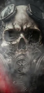 Dark skull with gas mask amidst smoke, creating an eerie mobile wallpaper.