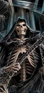 Grim Reaper holding a scythe in a dark gothic setting.