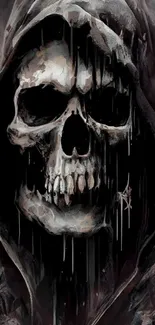 A dark, hooded skull in a gothic style wallpaper.