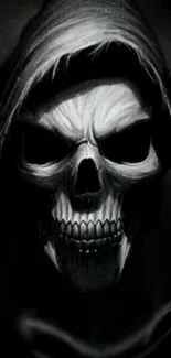 Eerie hooded skull illustration in grayscale.