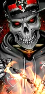 Intense dark skull hoodie wallpaper with chains and red eyes.