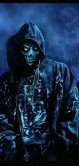 Hooded figure with a skull mask in blue tones.