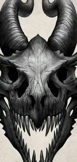 Dark horned skull drawing on gray background.