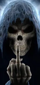 Dark, hooded skull figure with gothic art style on mobile wallpaper.