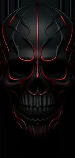 Dark skull design wallpaper with intricate red patterns.