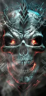 Dark gothic skull wallpaper with fiery red eyes.