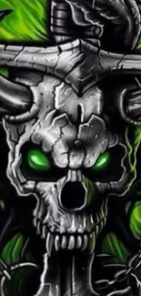 Dark skull with neon green eyes and chains as a mobile wallpaper design.