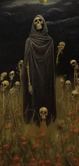 Dark skull wallpaper with hooded figure and skulls in field.