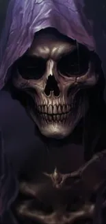 Haunting dark skull with a purple hood, perfect for mobile wallpaper.