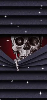 Dark skull wallpaper with shadowed blinds and red background.