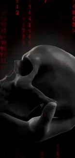 Dark wallpaper with a glossy skull and red digital code.