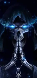 Dark skull with glowing blue eyes wallpaper.