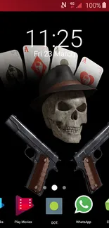 Dark wallpaper with skull, guns, and playing cards.