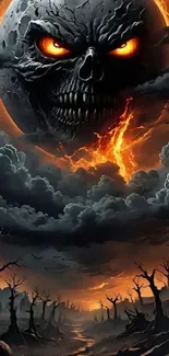 Eerie dark skull moon with fiery glow wallpaper.