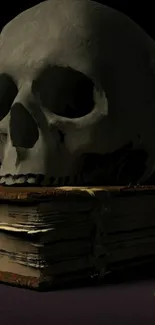 Dark skull resting on ancient book with a mysterious background.