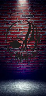 Dark skull on red brick wall wallpaper with spotlight effect.