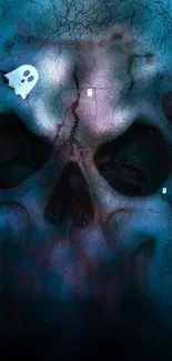 Dark skull with eerie blue tones on wallpaper background.