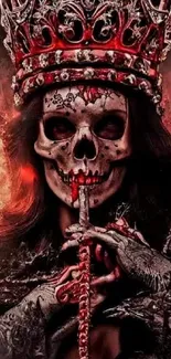 Skull-faced queen with red fiery crown in dark wallpaper.