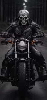 Skull rider in black leather on motorcycle.