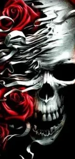 Dark artistic skull with red roses wallpaper.