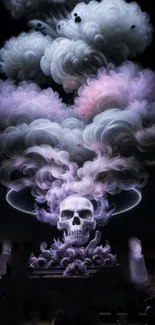 Dark skull with swirling smoke clouds in purple hues.