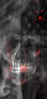 Dark theme skull wallpaper with smoke and red accents.