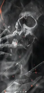 Dark wallpaper with a skull figure smoking and a mysterious vibe.