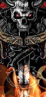 Dark skull wallpaper with snakes and sword in gothic style.