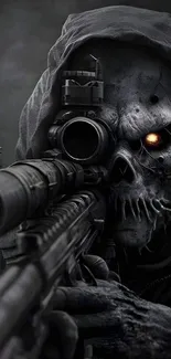 Dark skull sniper with glowing eyes in shadowy wallpaper.