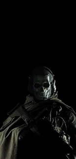 Dark soldier with skull mask on black background.