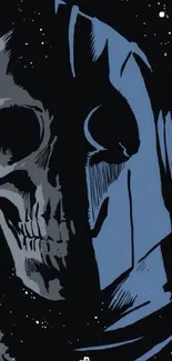 Dark skull illustration with space backdrop and stars.