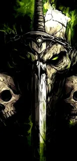 Dark skulls with a central sword, green glow accents.