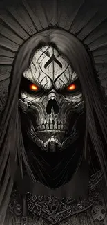 Dark skull warrior with glowing eyes and intricate details in a gothic style wallpaper.