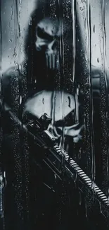 Dark skull warrior behind raindrop-covered glass.