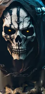 Dark skull with glowing eyes in armor