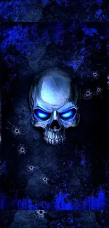 Dark skull with glowing blue eyes and gothic background.