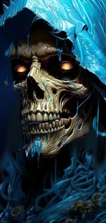 Dark skull with glowing eyes in a blue hood.